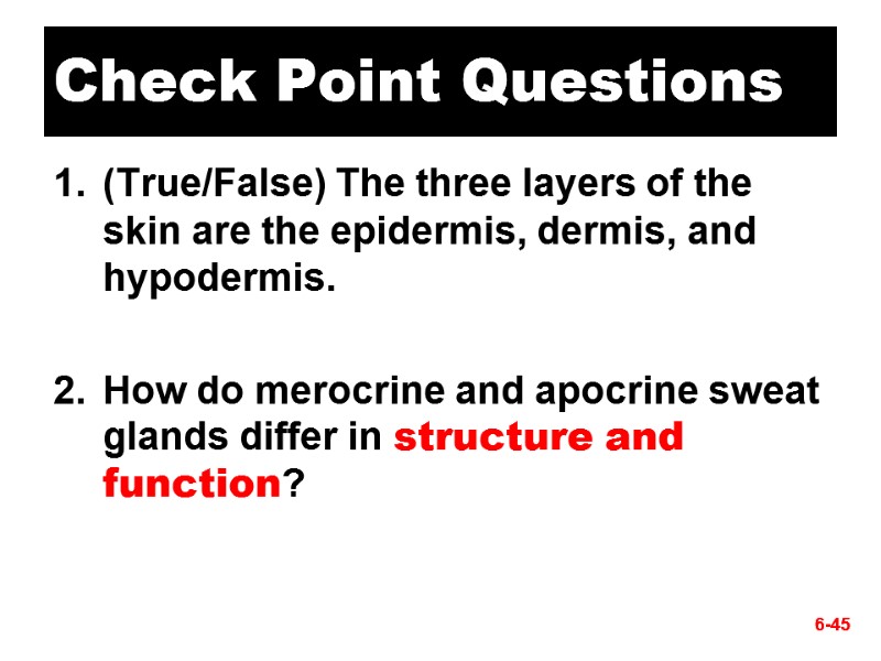 Check Point Questions (True/False) The three layers of the skin are the epidermis, dermis,